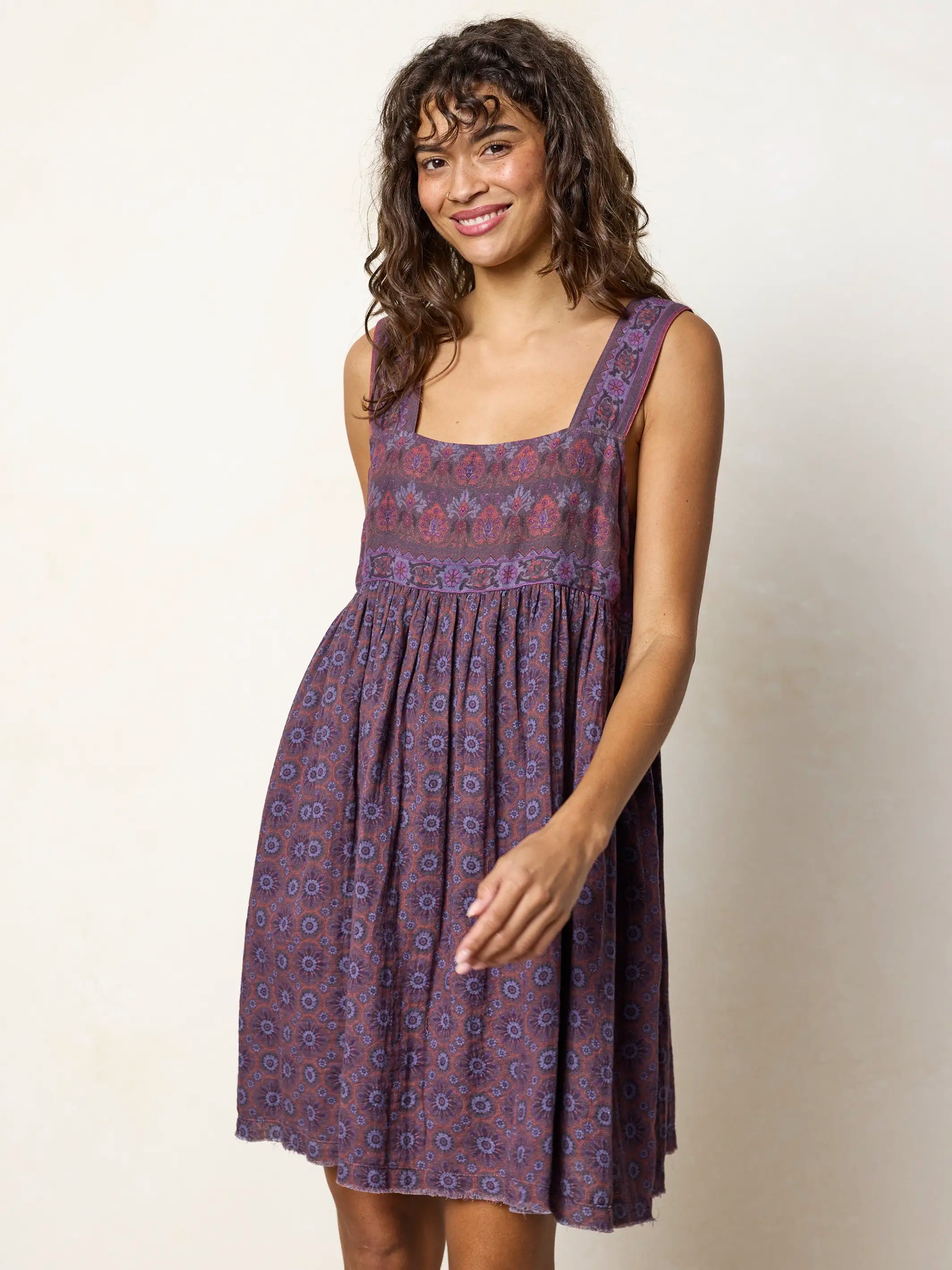 Tricia Reversible Cotton Gauze Dress - Medallion Eggplant Sunburst