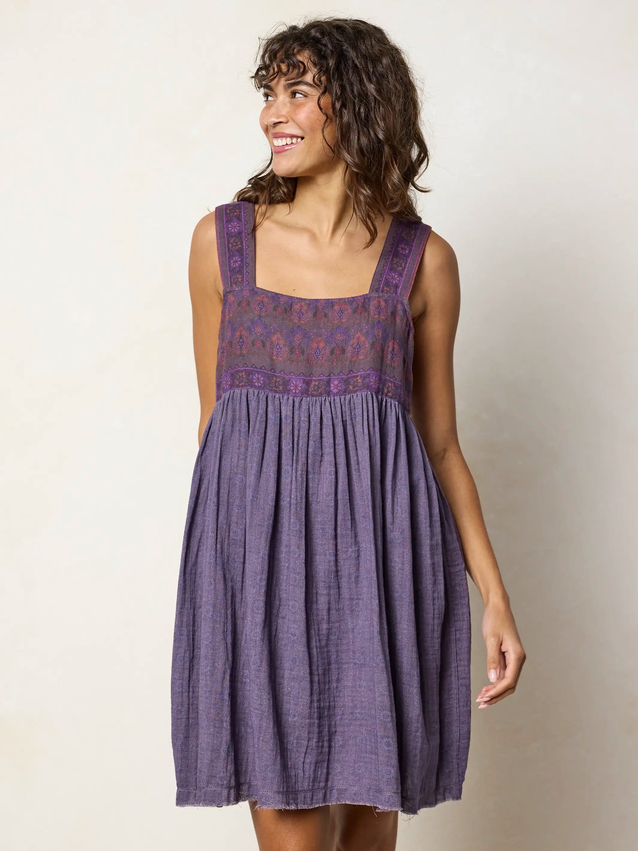 Tricia Reversible Cotton Gauze Dress - Medallion Eggplant Sunburst