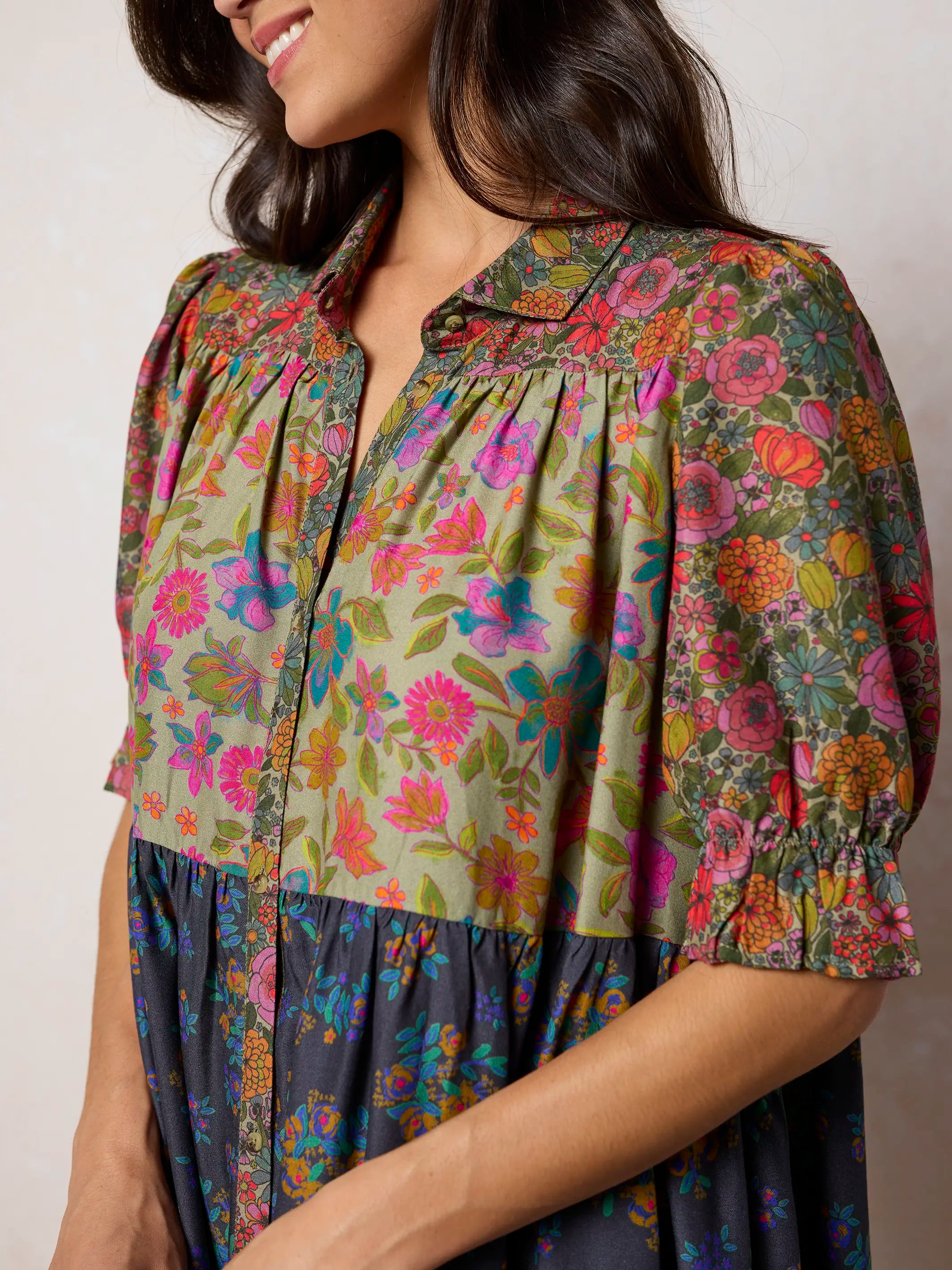 Chasing Blossoms Swing Mini Dress - Drawn Garden Multi