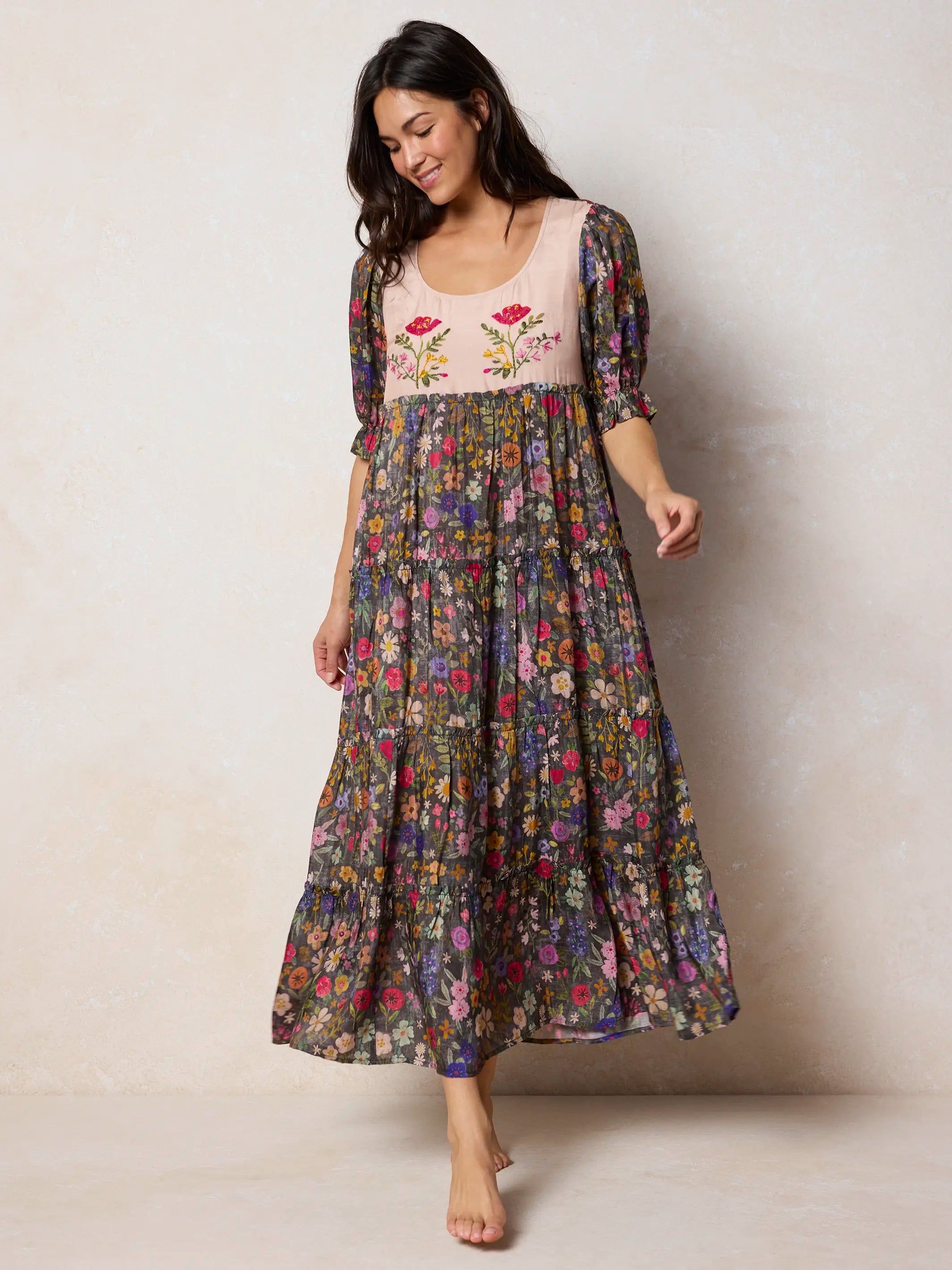 Collette Embroidered Maxi Dress - Flung Floral Wildflowers