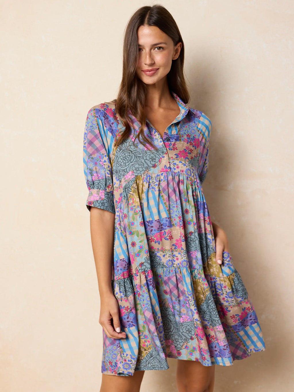 Becca Mini Dress - Gingham Floral Patchwork