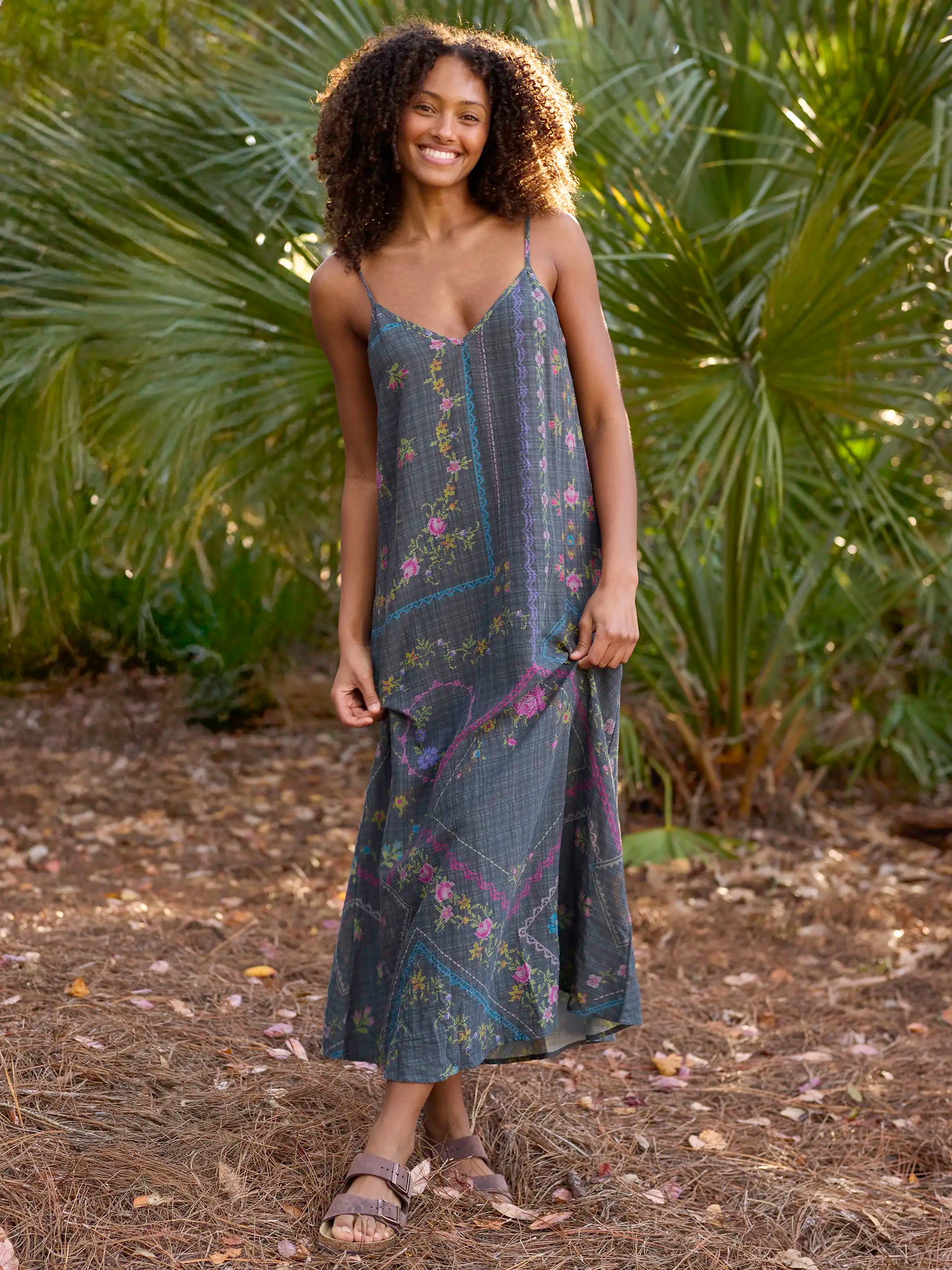 Gracie Slip Maxi Dress - Heirloom Cross Stitch Charcoal