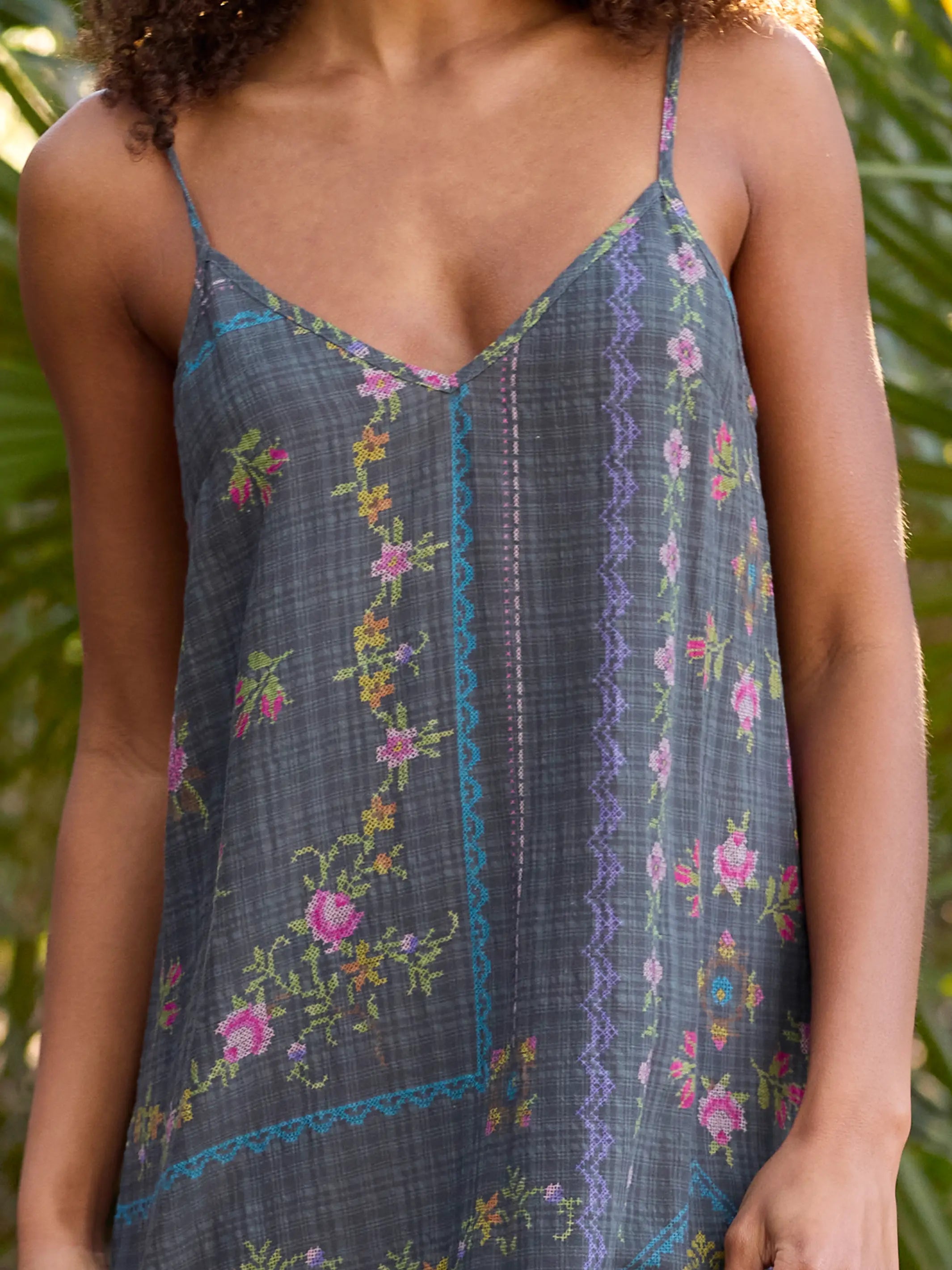 Gracie Slip Maxi Dress - Heirloom Cross Stitch Charcoal