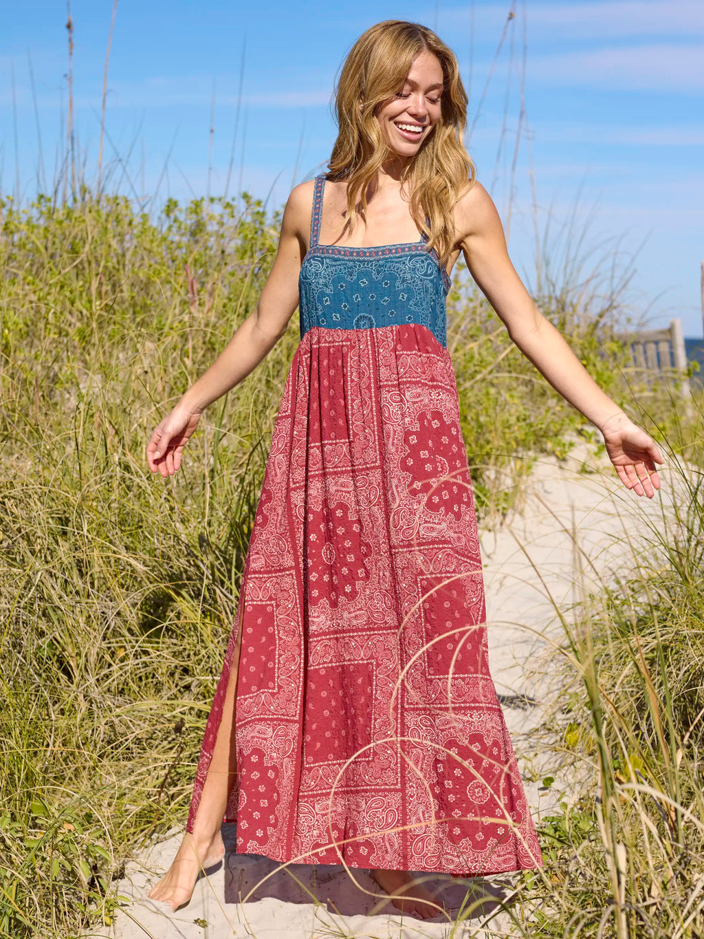 Patti Side Slit Maxi Dress - Red Bandana Scarf