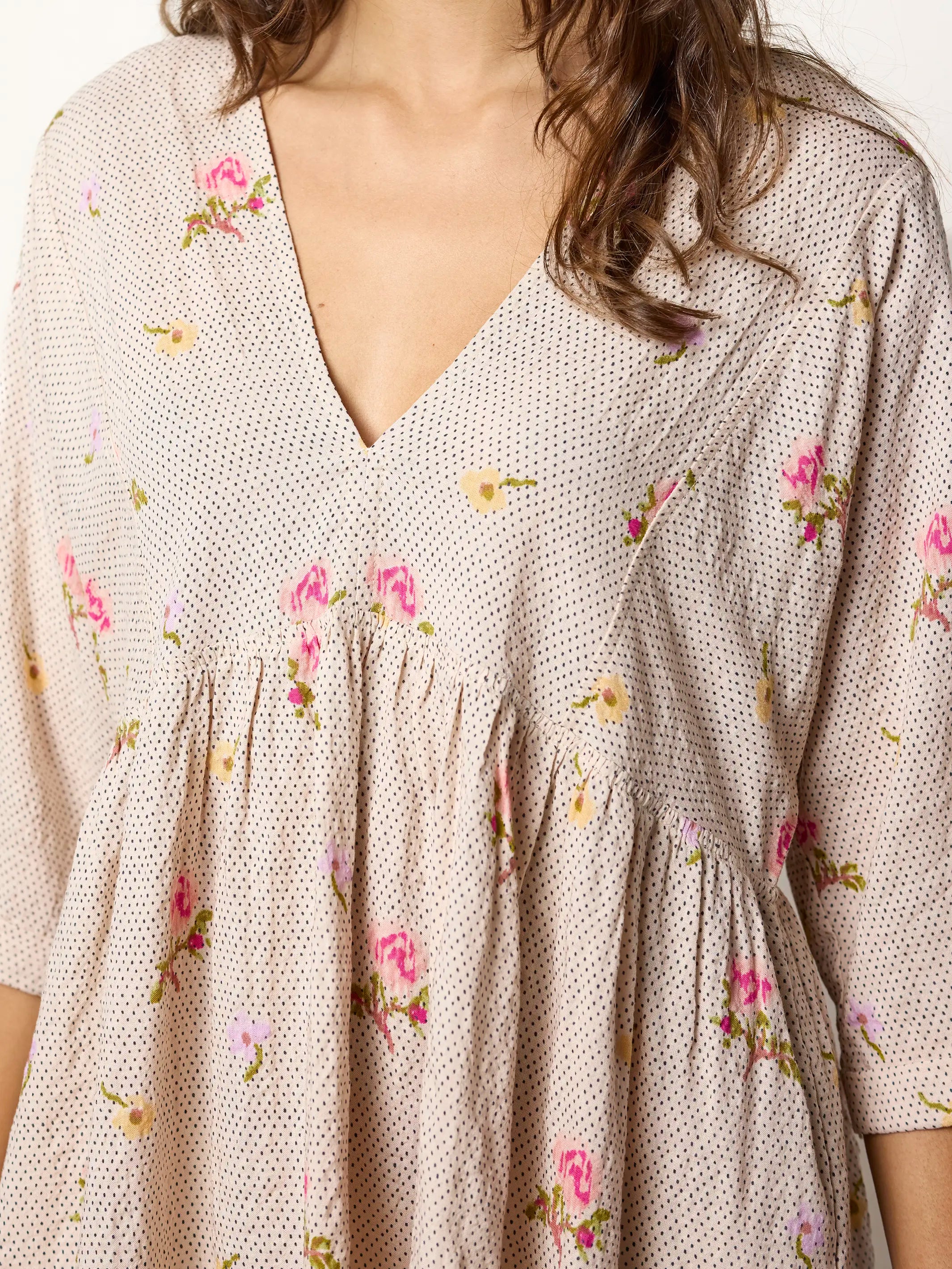Stella V-Neck Mini Dress - Pin Dot Prairie Cream