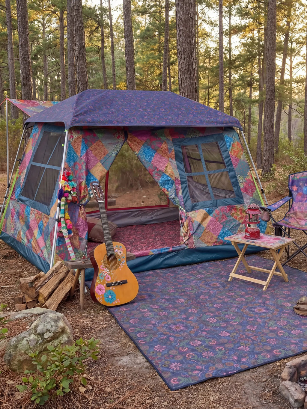Live Happy Camping Tent - Bright Patchwork Zinnias