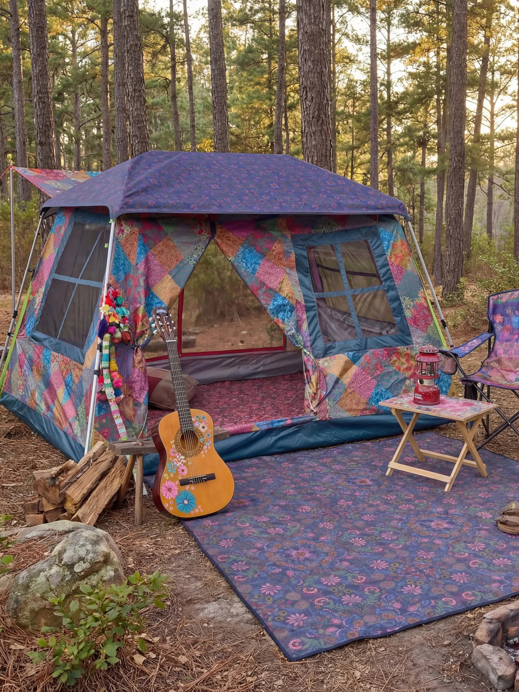 Live Happy Camping Tent - Bright Patchwork Zinnias