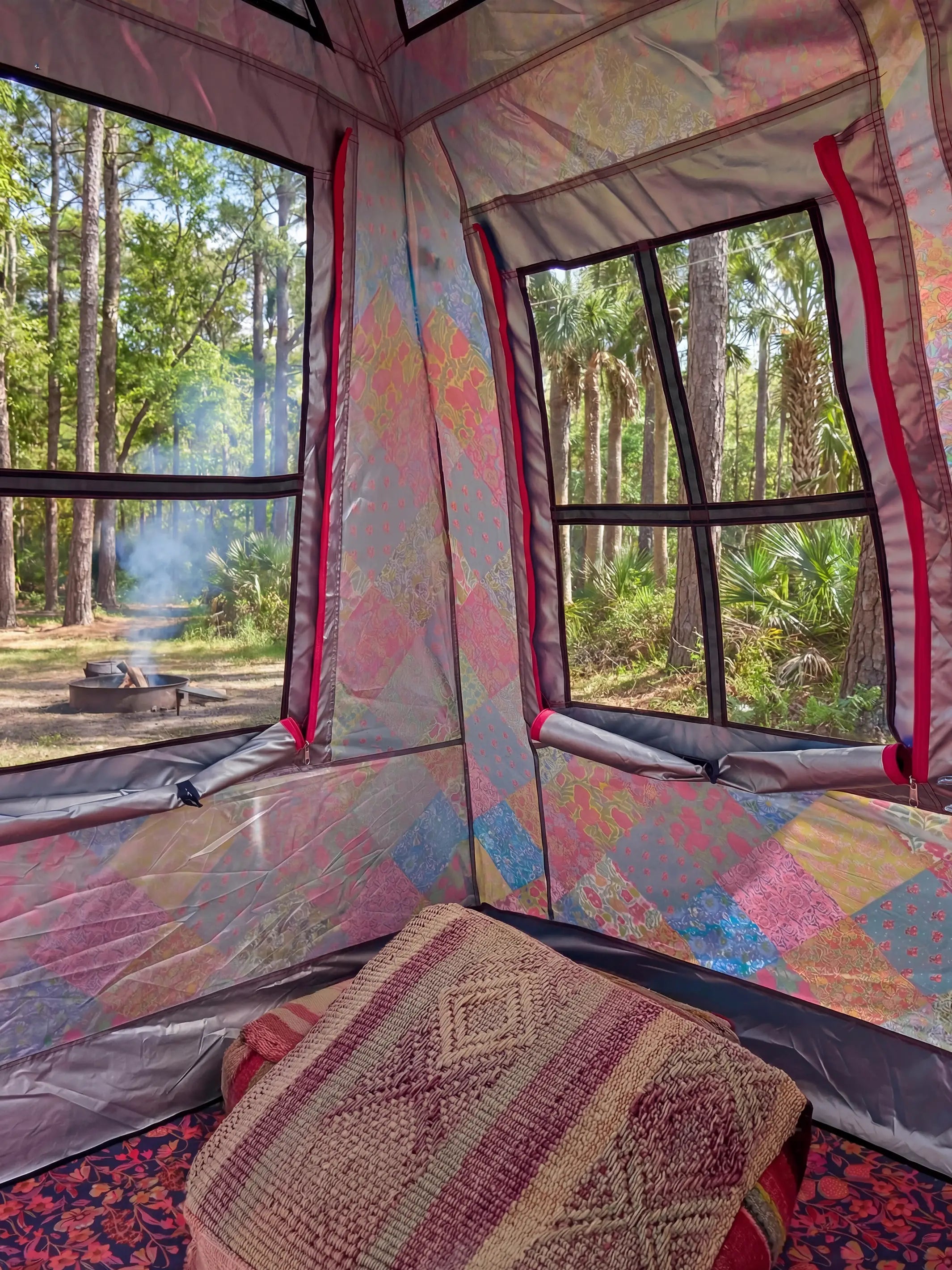 Live Happy Camping Tent - Bright Patchwork Zinnias