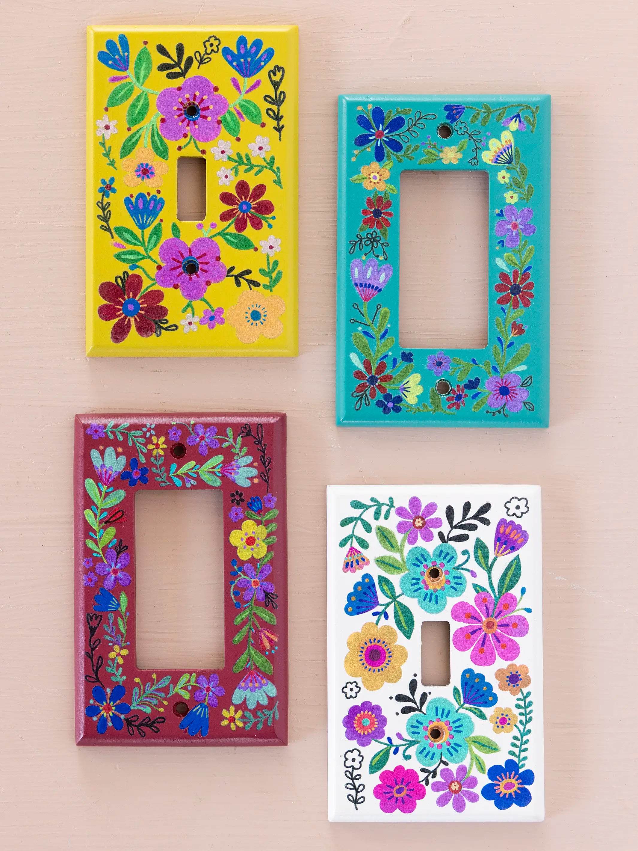 Painted Wooden Switch Cover - Cream Folk Flower Toggle
