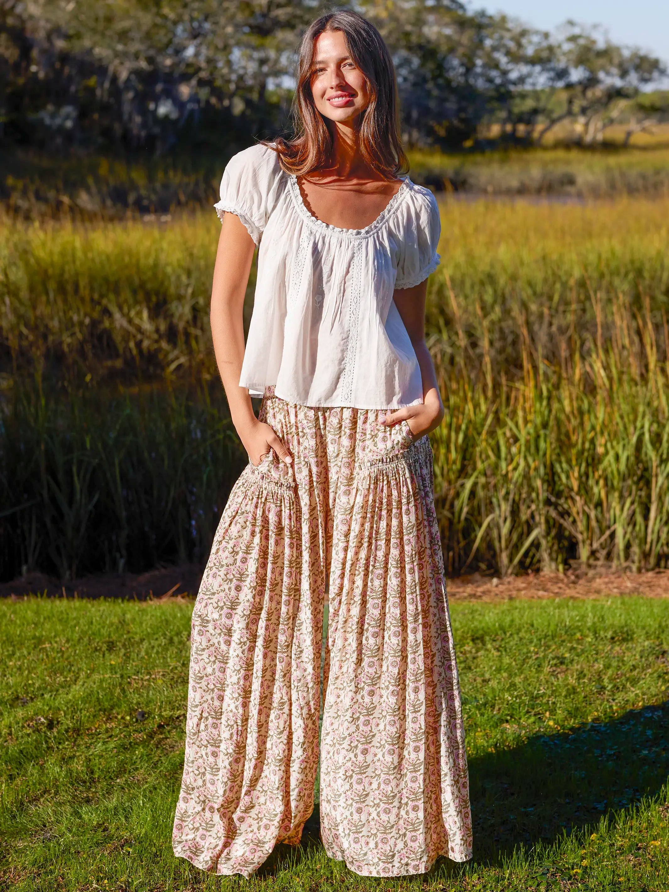 Margaux Wide Leg Pants - Cream Vine Floral