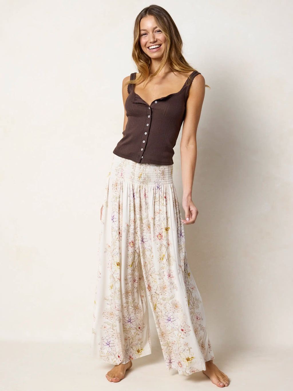 Make A Move "ButterSoft" Knit Palazzo Pants - Ivory Dahlia Rows