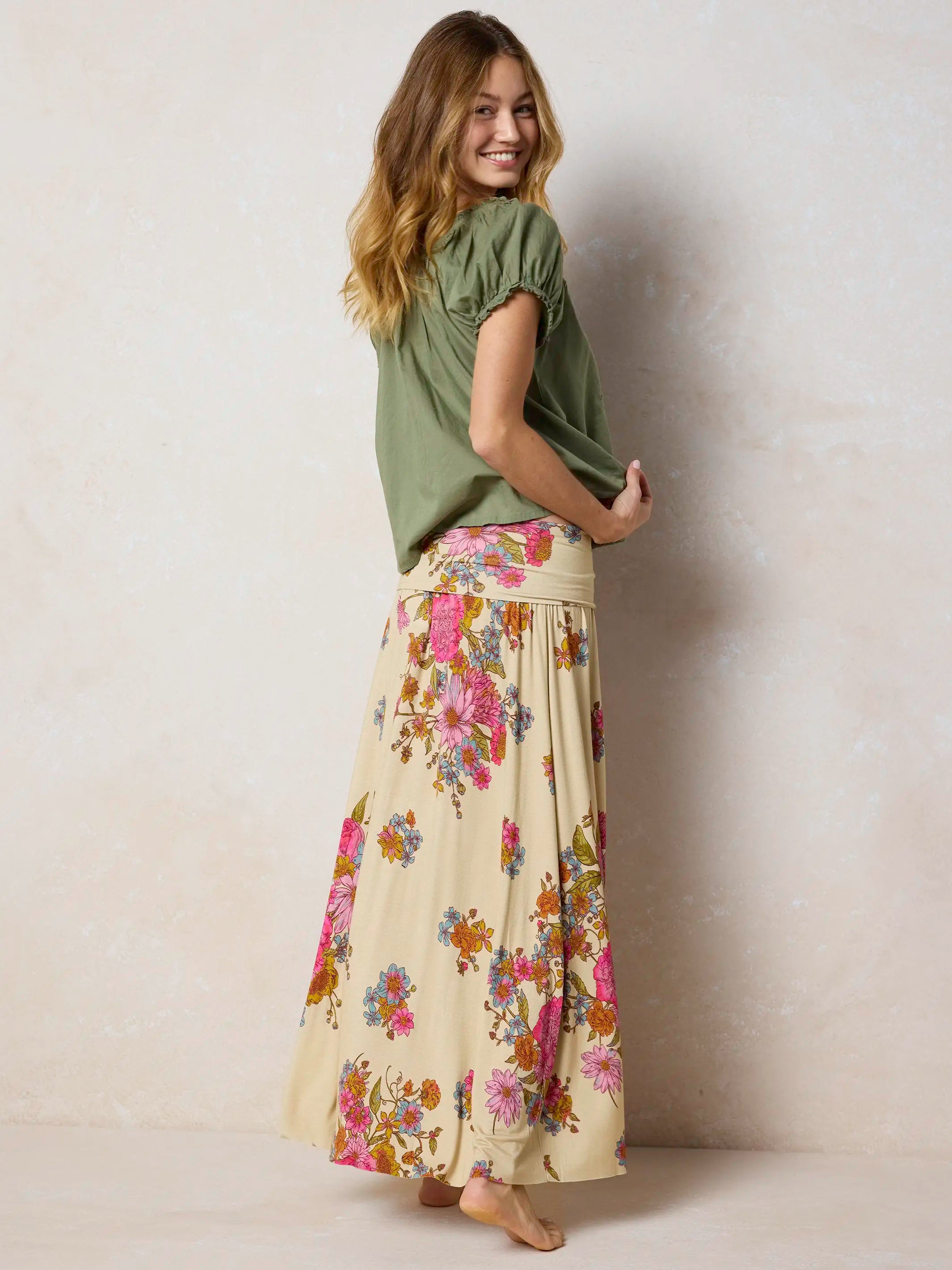 Live-In-It Knit "ButterSoft" Maxi Skirt - English Garden Cream