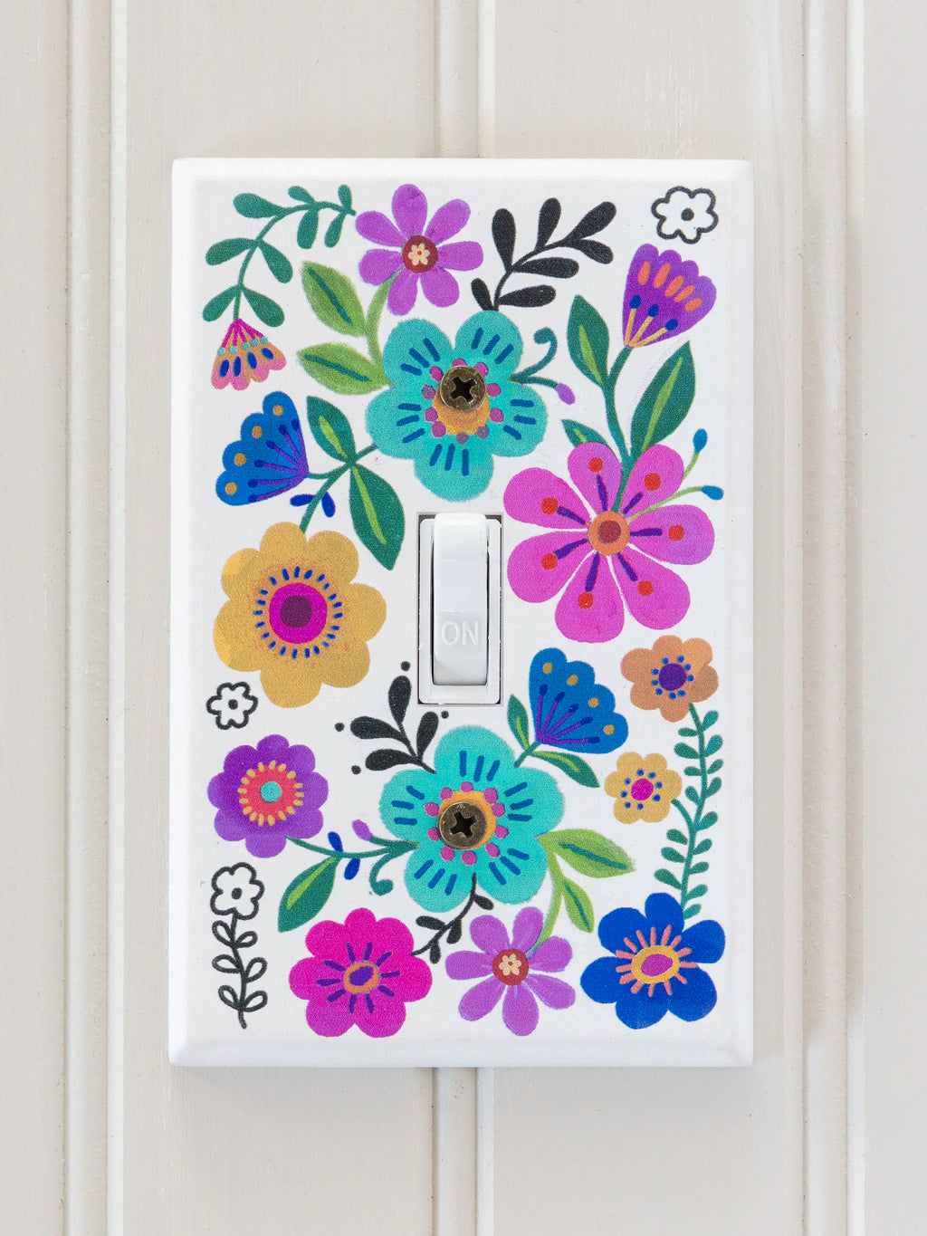 Painted Wooden Switch Cover - Cream Folk Flower Toggle