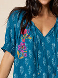 April Embroidered Top - Block Stamp Indigo