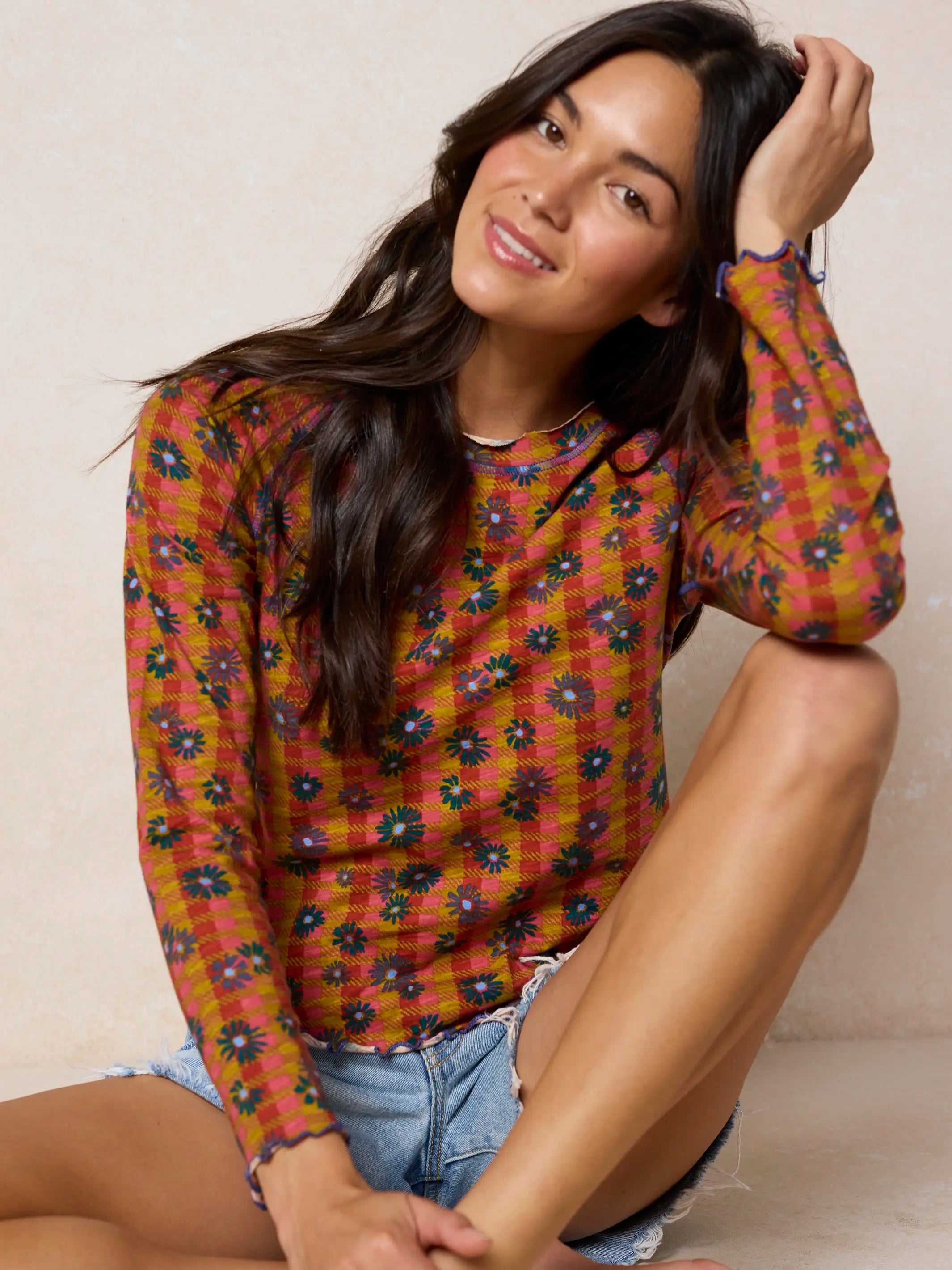 Lily Cotton Long Sleeve Tee Shirt - Hudson Valley Plaid Rust