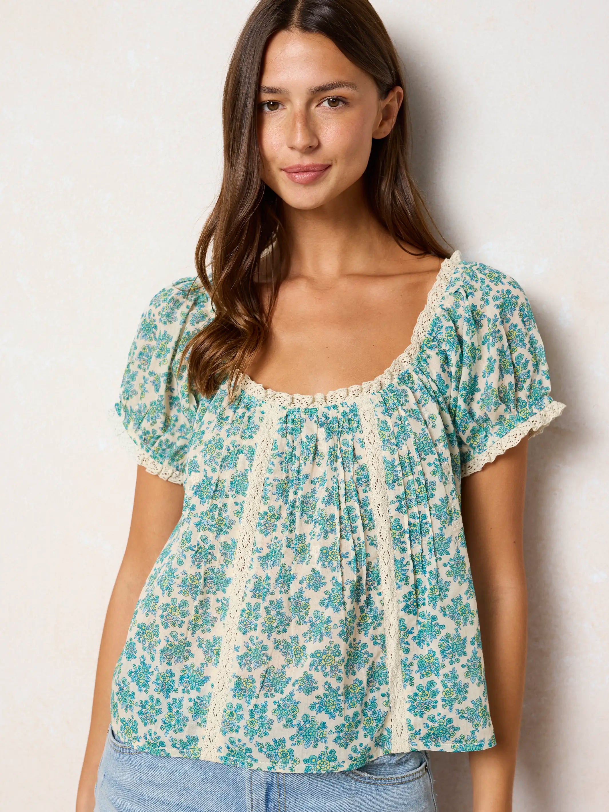 Sweet Nothings Embroidered Cotton Top - Cream Folk Ditsy