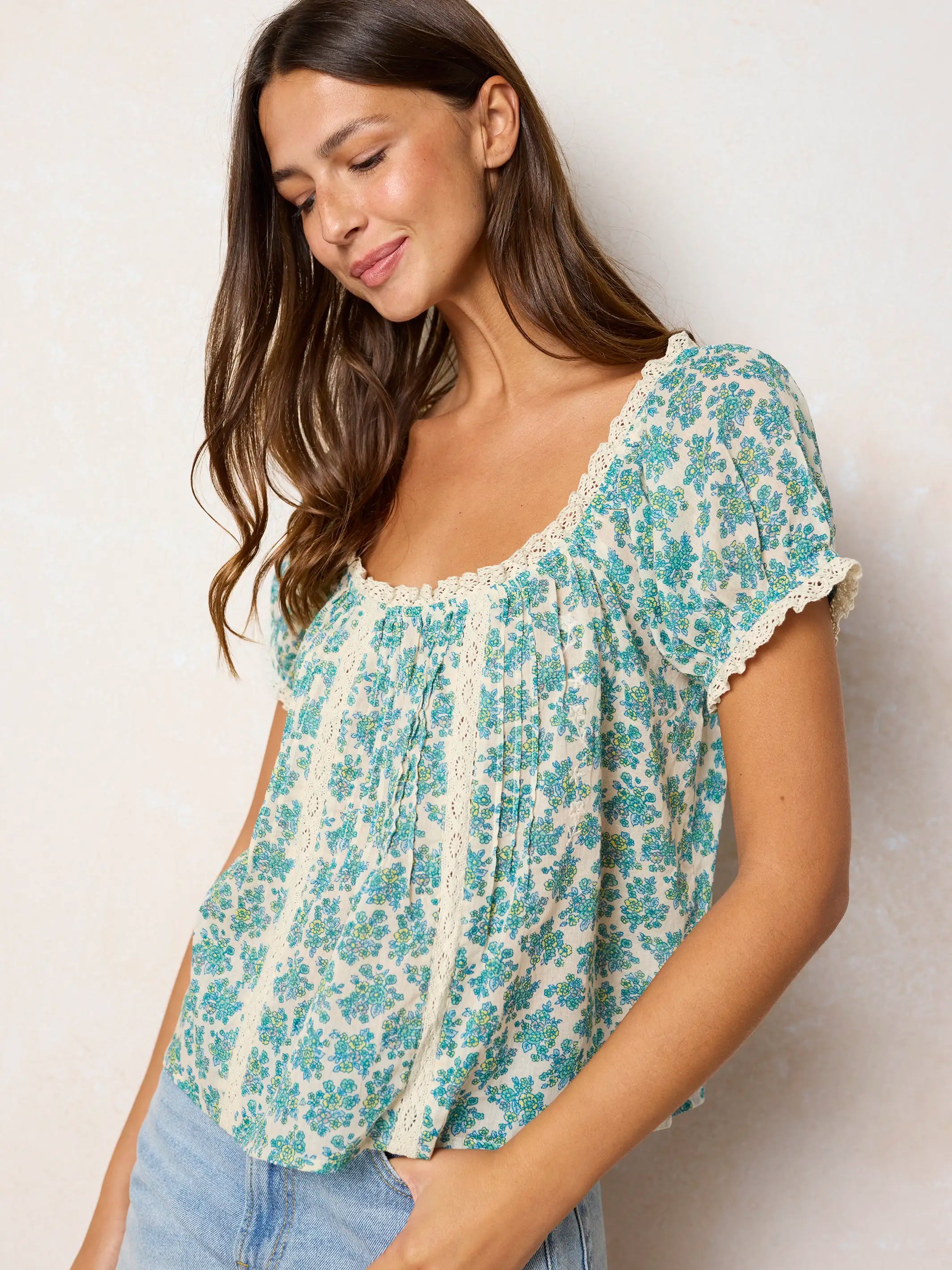 Sweet Nothings Embroidered Cotton Top - Cream Folk Ditsy