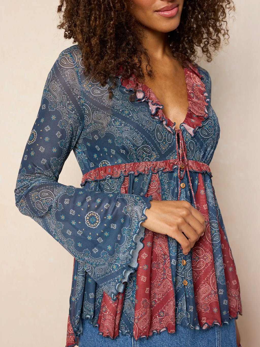 Sierra Ruffle Mesh Top - Classic Bandana Blue