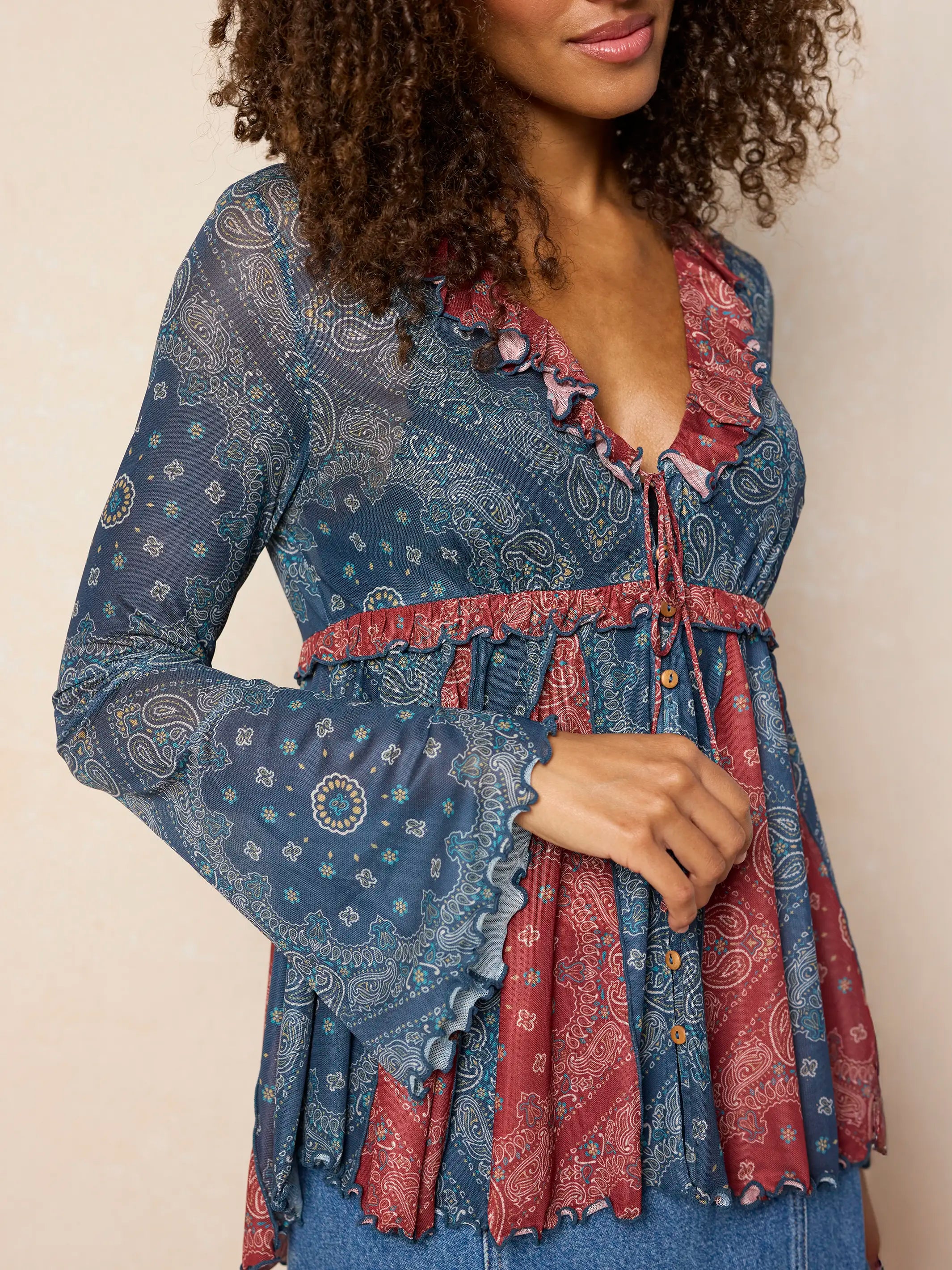 Sierra Ruffle Mesh Top - Classic Bandana Blue
