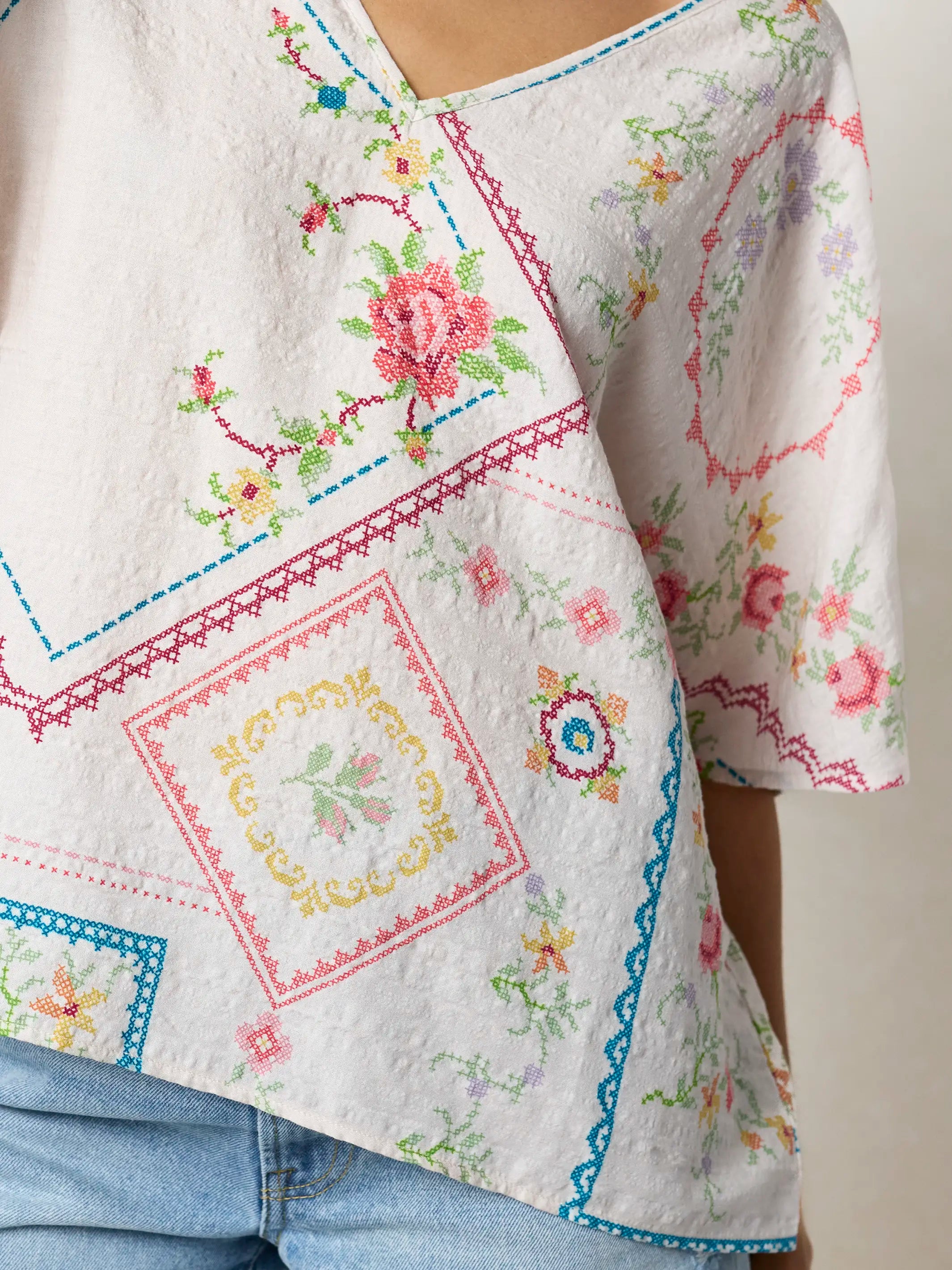 Easy V-Neck Top - Heirloom Cross Stitch Ivory