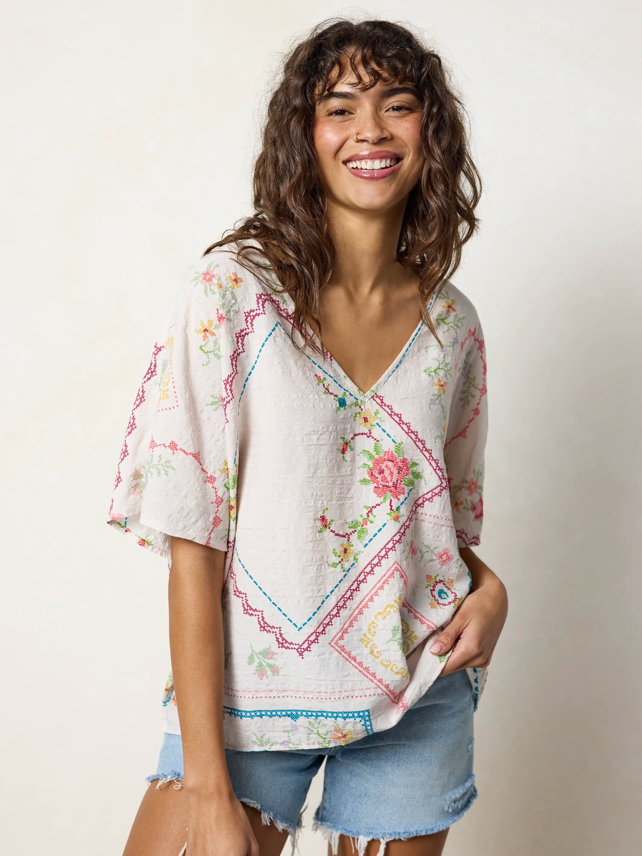 Easy V-Neck Top - Heirloom Cross Stitch Ivory