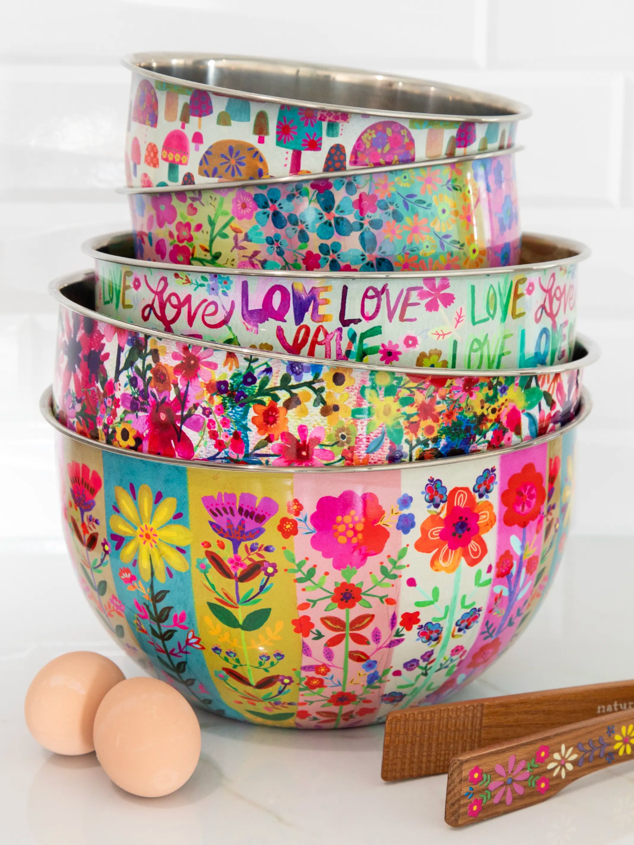 Stainless Steel Bowl - Small Rainbow Floral Rows
