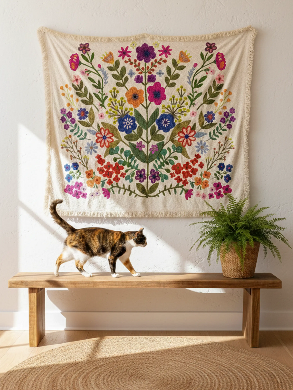 Boucle Embroidered Tapestry - Cream Flower Bouquet
